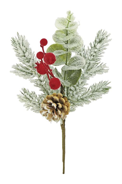 SNOWY PINE PICK WITH RED BERRIES, 15"