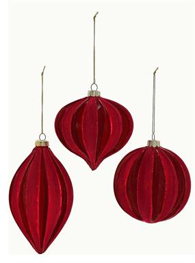 Velvet & Glass Stripe Ornament, Assorted, Red