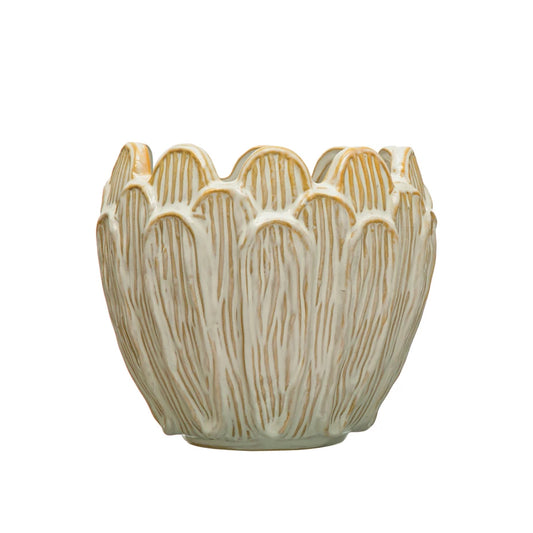 Debossed Stoneware Flower Shaped Planter, Reactive Glaze