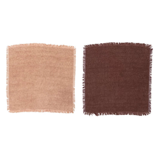 Stonewashed Linen Textile Napkins w/ Fringe, Putty & Aubergine Color