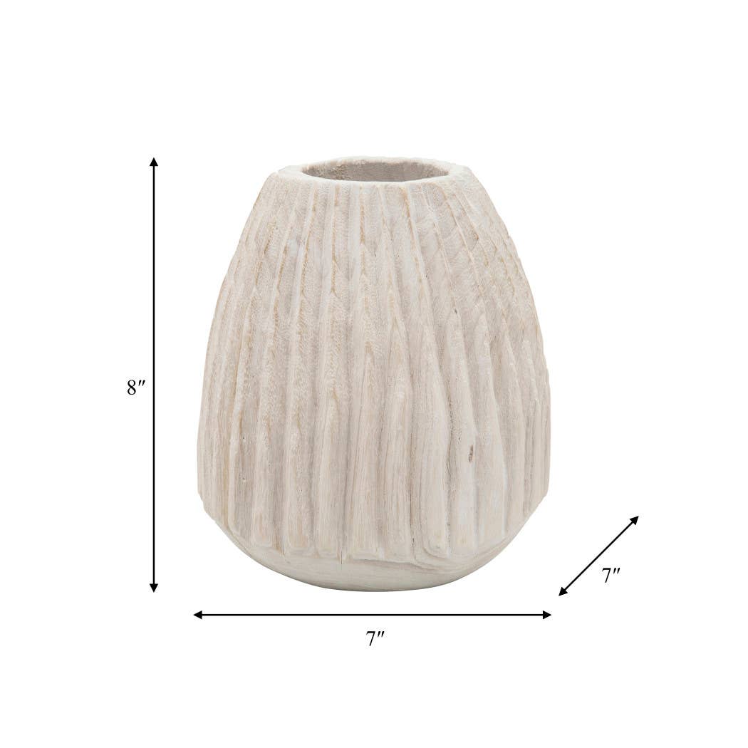 Wood Grooved Carved Texture Decorative Vase - White, 9 in.