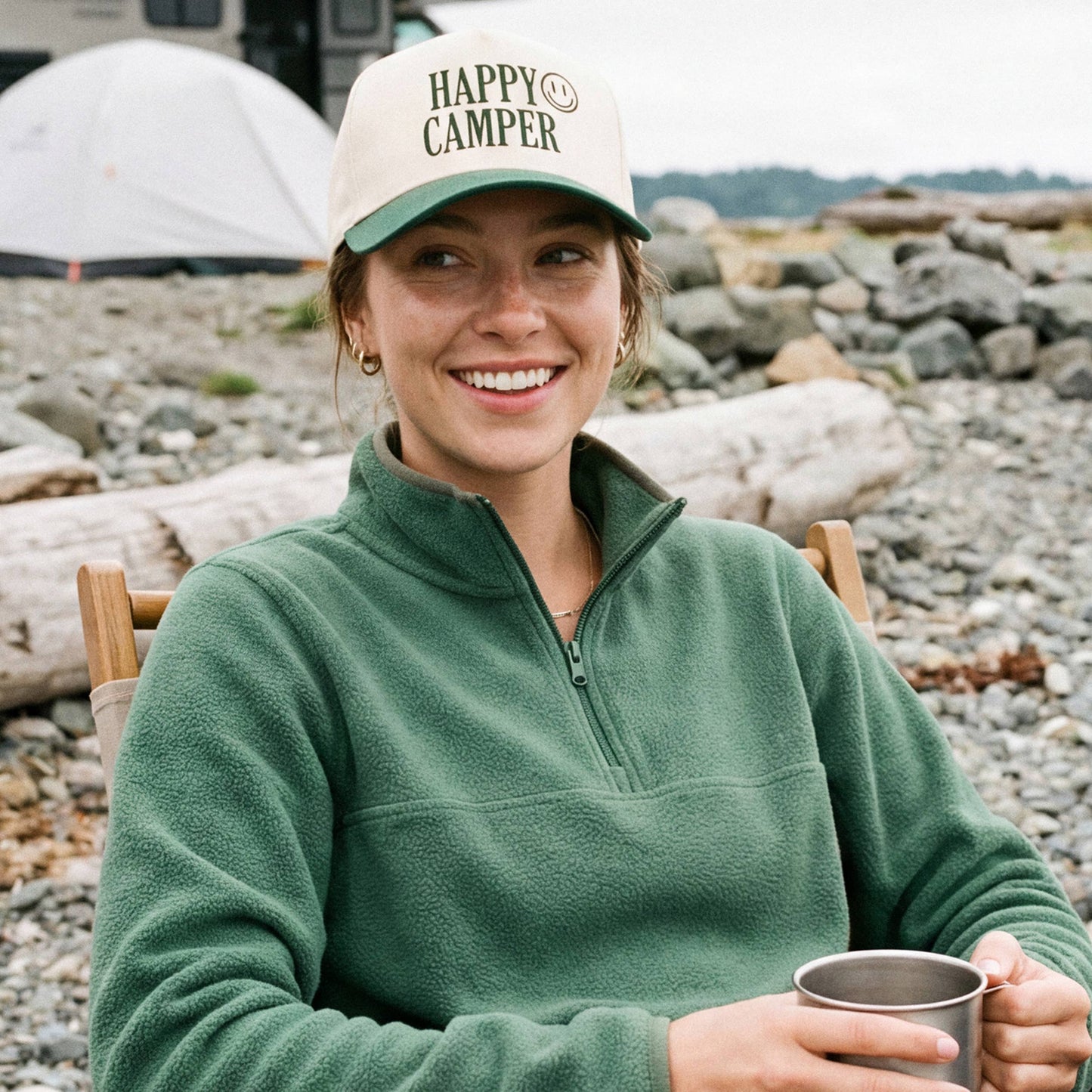 C.C HAPPY CAMPER Letter Embroidered on Two Tone Trucker Hat