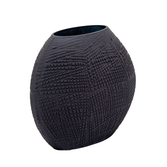 Glass Textured Vase with Sculpted Surface - Black, 10 in.