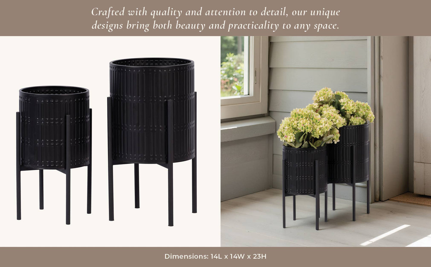Metal Ridged Planter with Stand Black, 19/23 in.