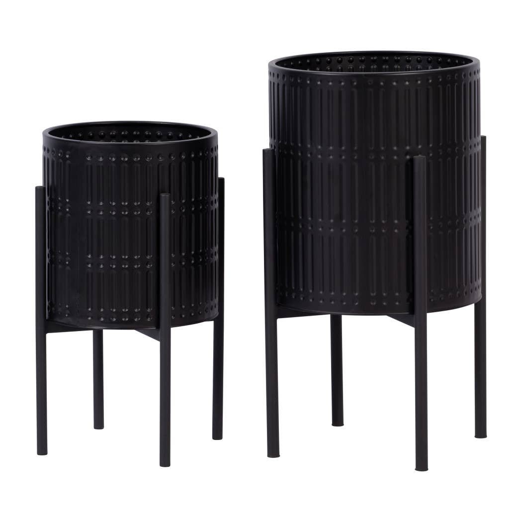 Metal Ridged Planter with Stand Black, 19/23 in.