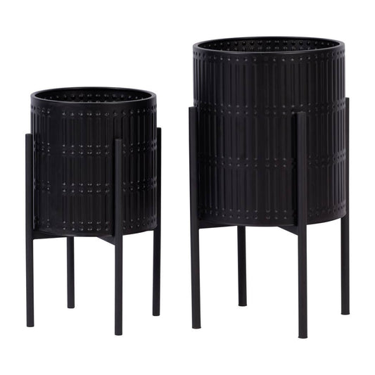 Metal Ridged Planter with Stand Black, 19/23 in.