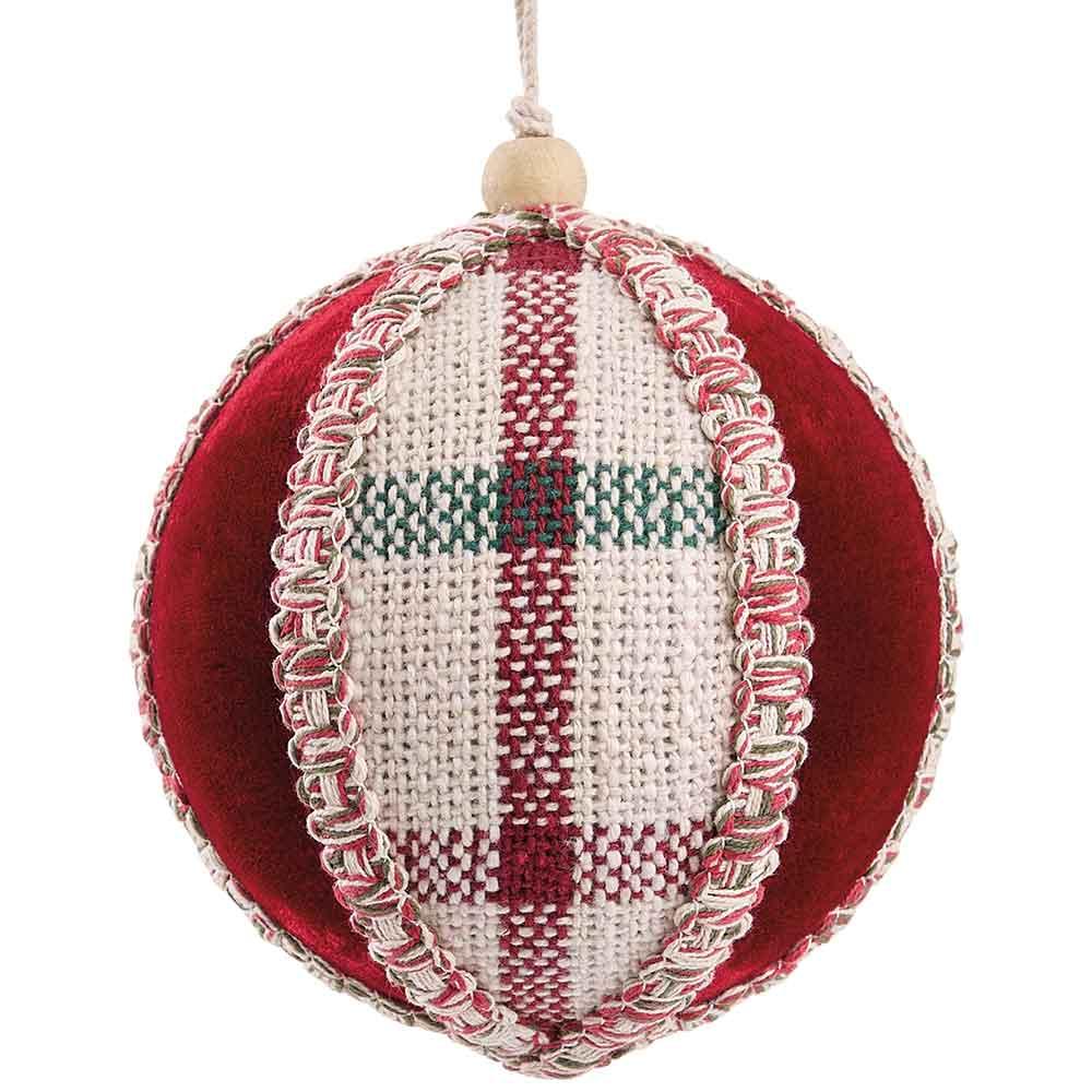 5" Cotton Plaid/Velvet Ball Ornament Red Mixed