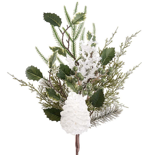 Iced Pine Cone/Holly/Pine Pick White Green