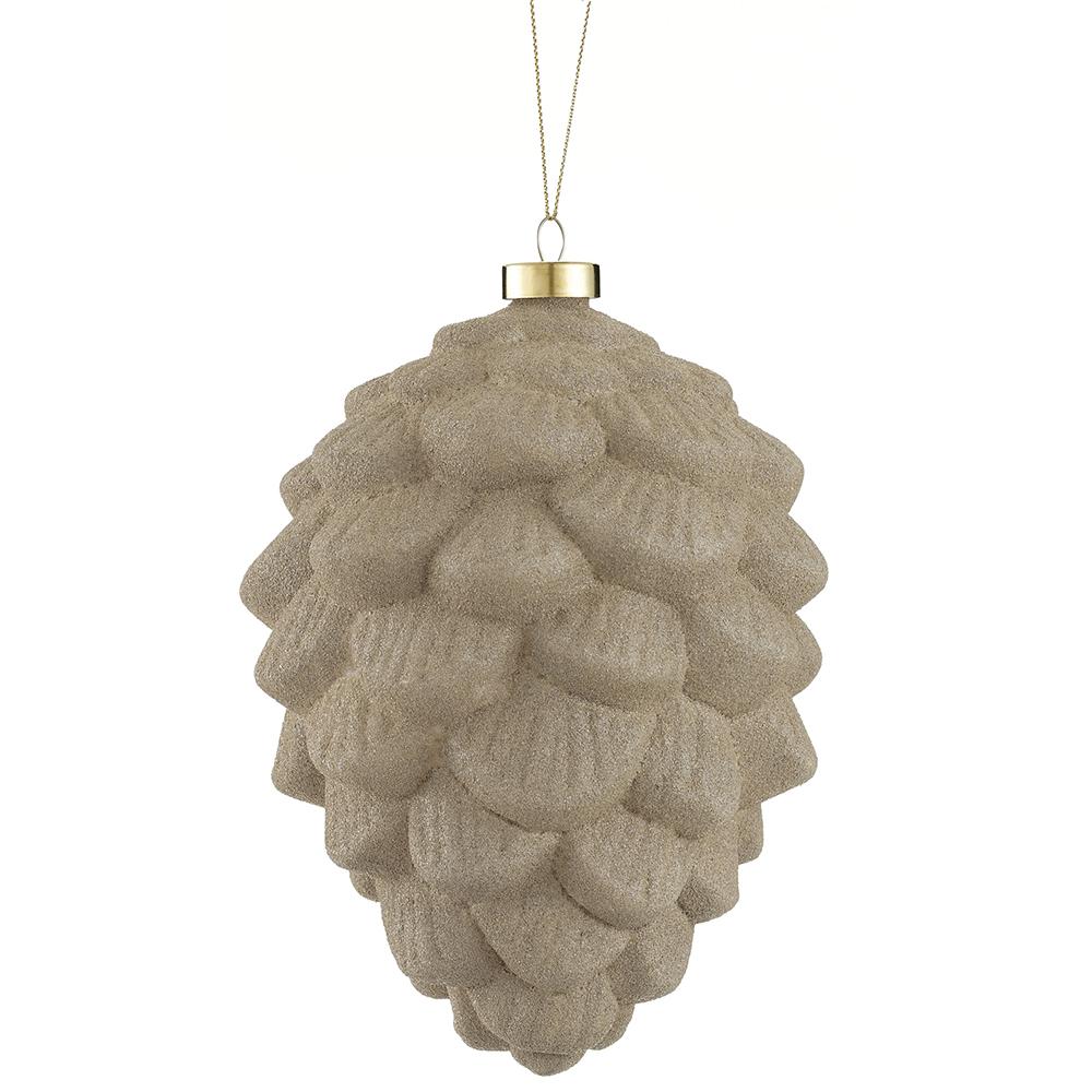 8" Glittered Glass Pine Cone Ornament Beige