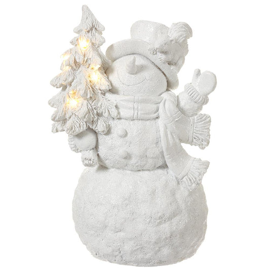 8" B/O Snowman Holding A Tree With Light White