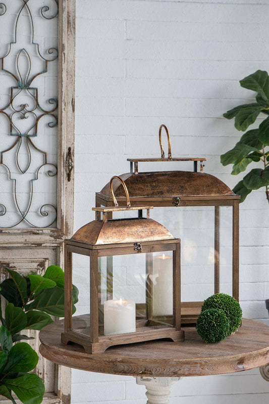 Brown Wooden Lantern with Clear Glass Panels