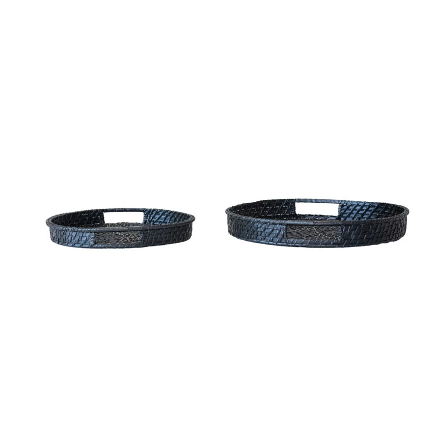 Decorative Hand-Woven Bamboo Trays with Handles, Black