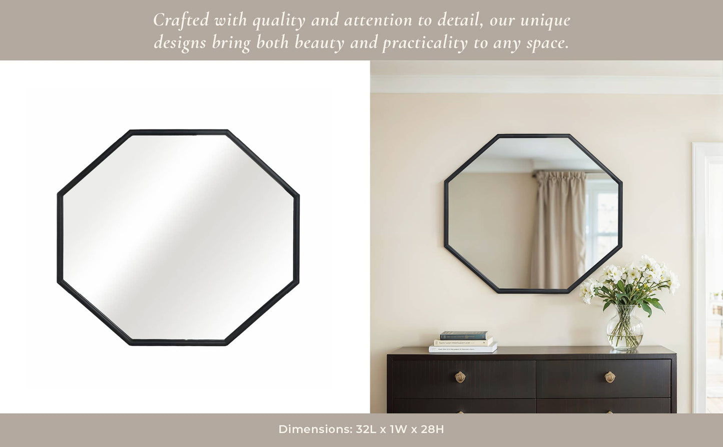 Metal Wood Modern Octagonal Wall Mirror - Black, 28 in.