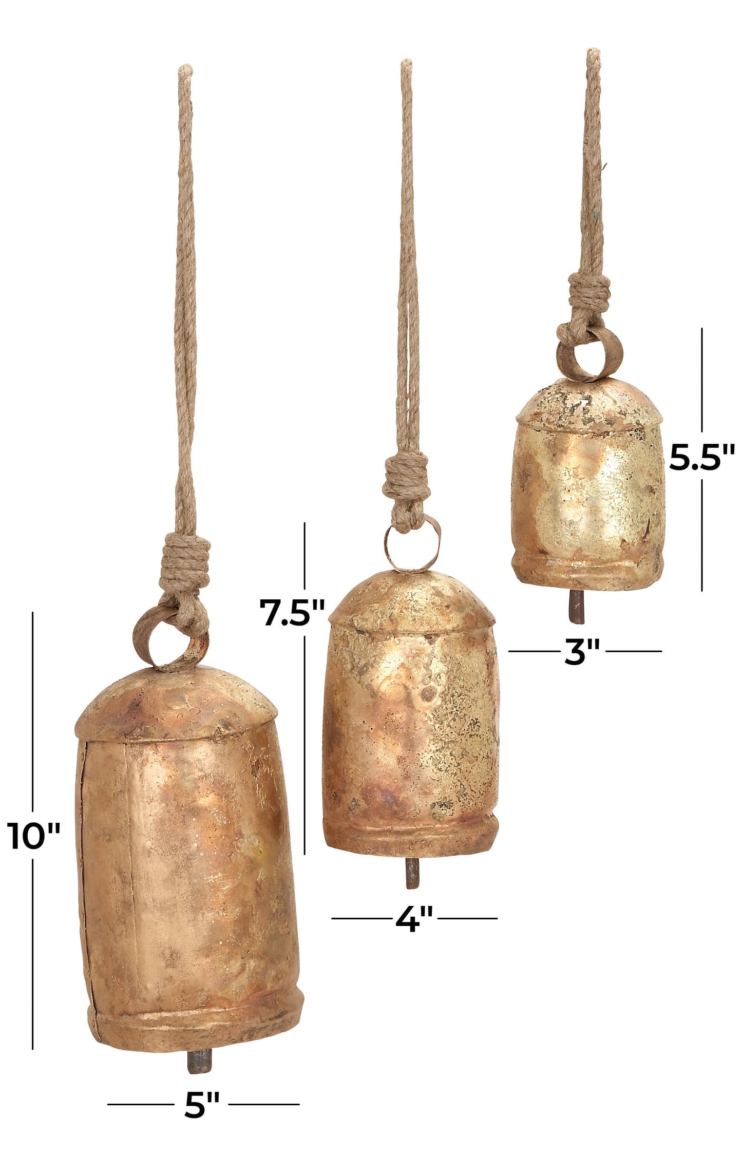 S/3 Rustic Gold Metal Decorative Cow Bells Set