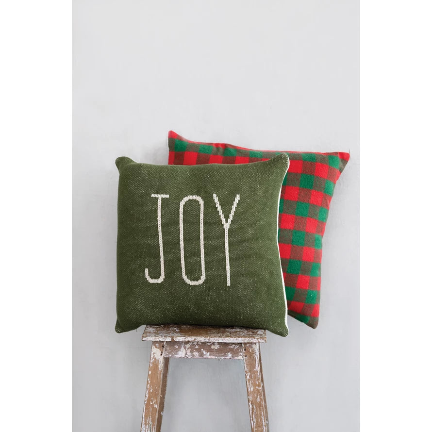 18" Two-Sided Cotton Knit Pillow "Joy/Noel", Green & Cream Color