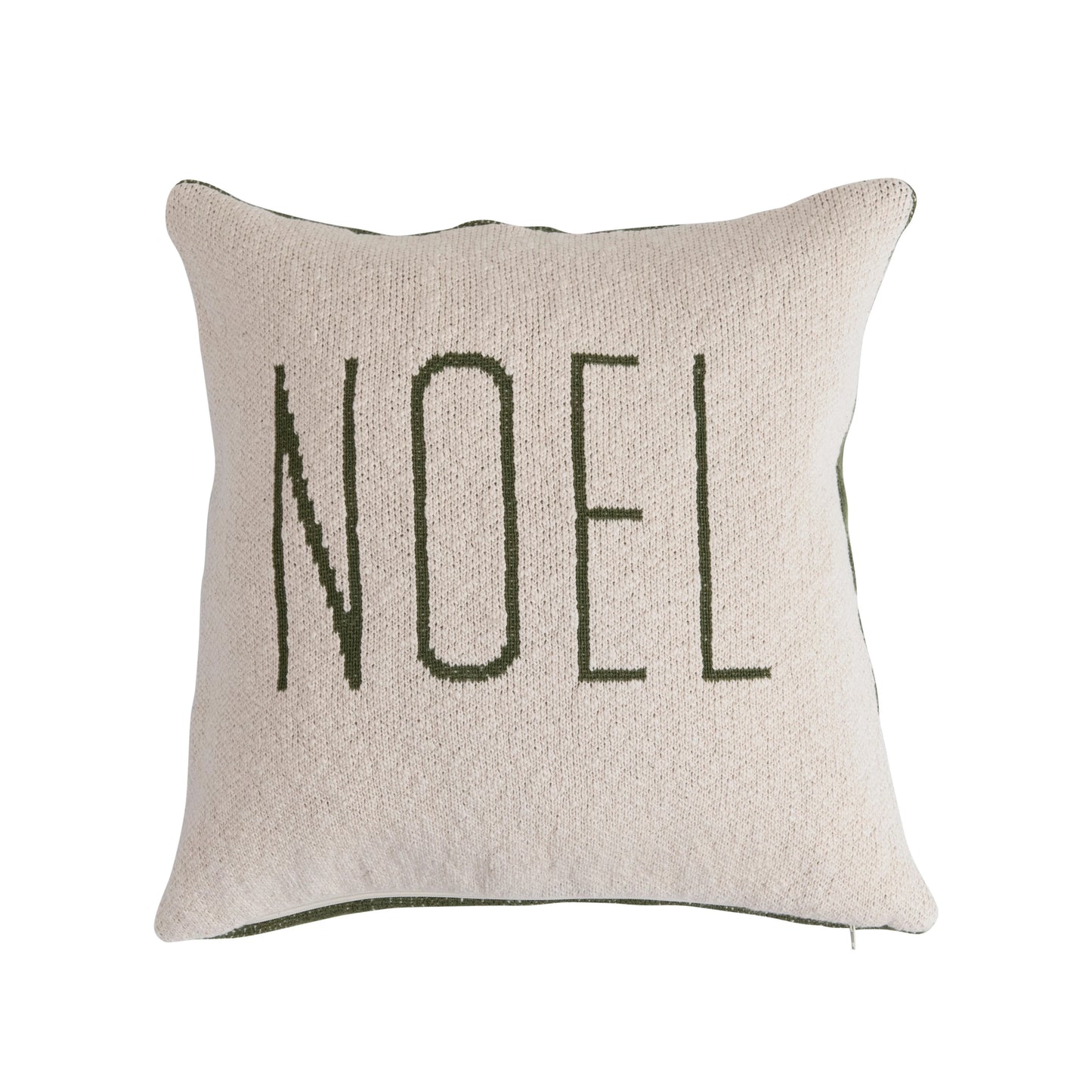 18" Two-Sided Cotton Knit Pillow "Joy/Noel", Green & Cream Color