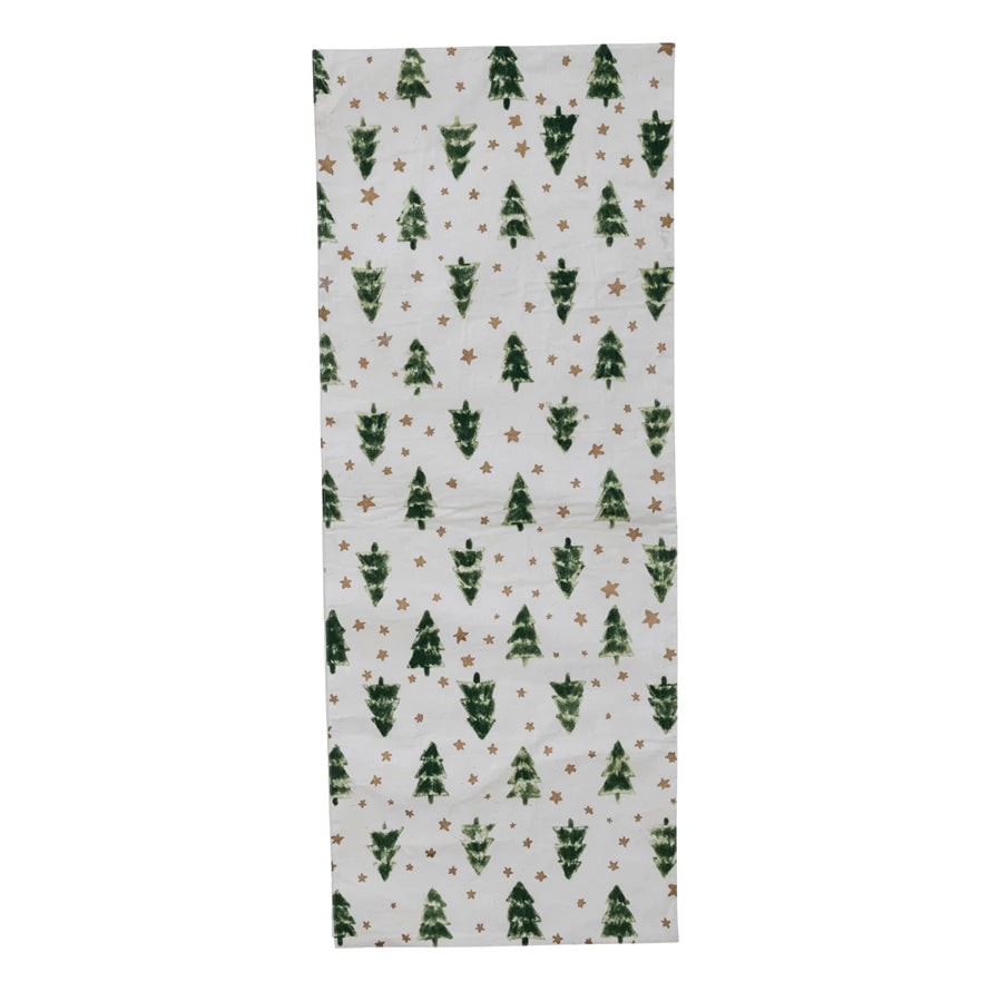 72"L x 14"W Cotton Block Print Table Runner w/ Tree Pattern, White, Green & Gold Color