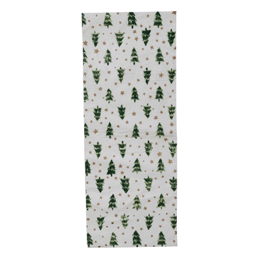 72"L x 14"W Cotton Block Print Table Runner w/ Tree Pattern, White, Green & Gold Color